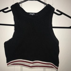 black crop top style bra with white+red stripes